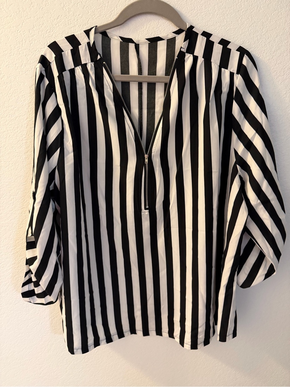 SHEIN Black & White Vertical Stripe Zip-Front Blouse